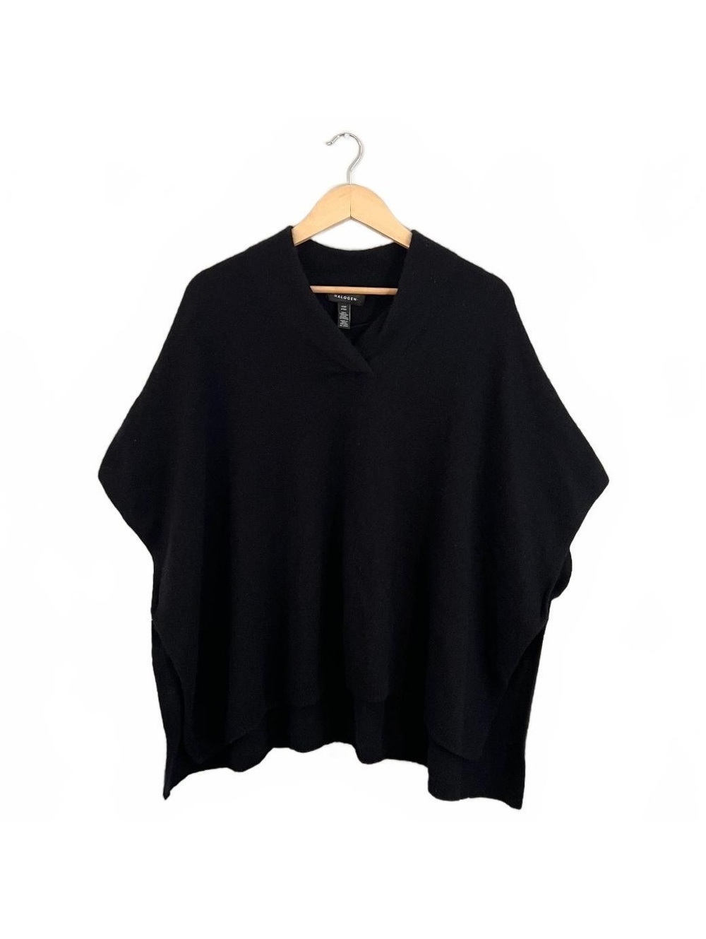Halogen Black 100% Cashmere Poncho Elegant Minimalist Winter Layer